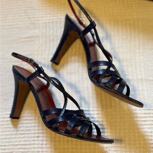 Vintage YSL navy strappy lizard heels 7AAA.